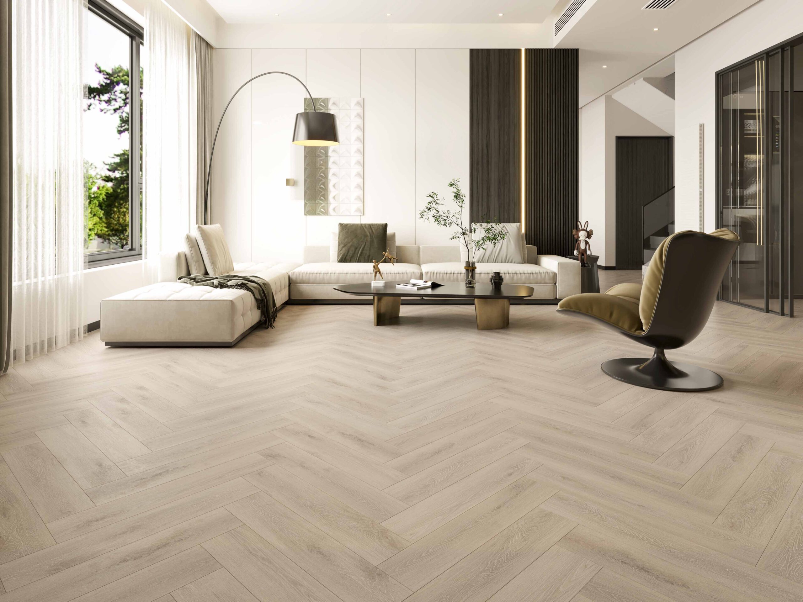 Sàn gỗ phòng khách lát kiểu xương cá