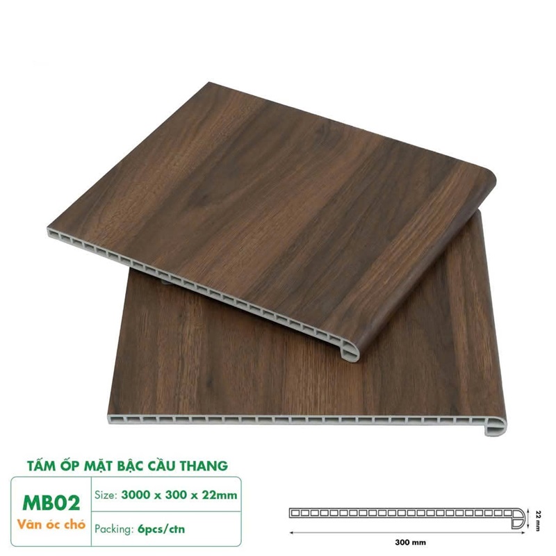 Bậc cầu thang nhựa giả gỗ màu óc chó, tone trầm ấm, sang trọng