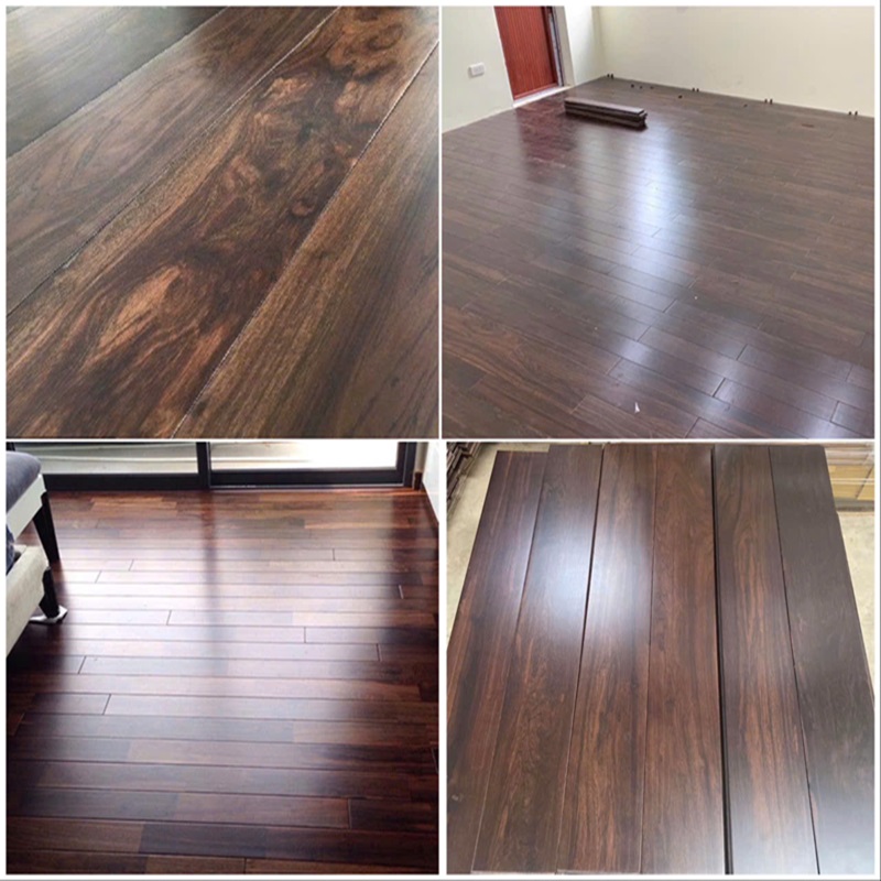 Sàn gỗ Chiu Liu kỹ thuật màu nâu trầm sang trọng, bề mặt vân gỗ sắc nét, phù hợp lát sàn phòng khách và biệt thự cao cấp.