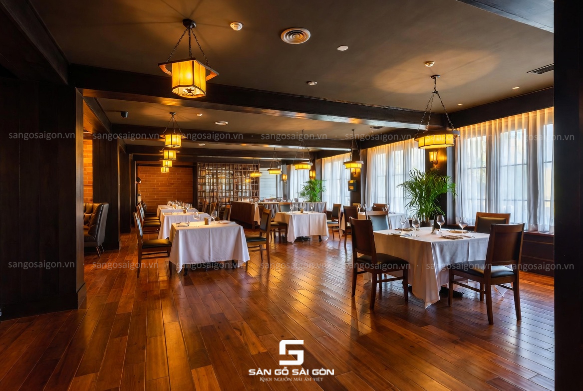 Sàn gỗ tự nhiên mang lại cảm giác ấm áp, đẳng cấp cho nhà hàng