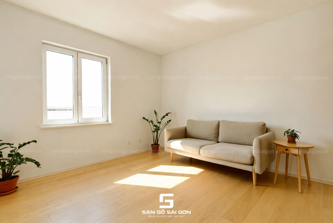 Sàn gỗ tự nhiên màu vàng nhạt với vân gỗ độc bản, giá trị thẩm mỹ cao